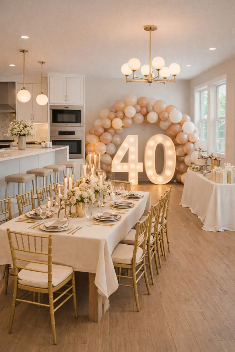 Interior of a celebration space decorated for a 40th birthday, with a large illuminated '40', balloon arch, dining table set with candles and floral arrangements, and a dessert table.