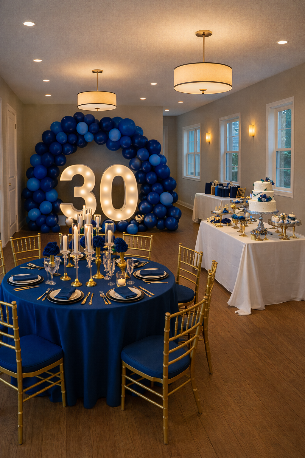 Decorated room with blue and gold color theme, featuring a balloon arch with large illuminated number 30, a table with a blue tablecloth, gold chairs, and a dessert table with cake and sweets.
