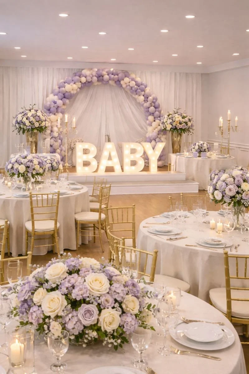 A decorated event space with a baby shower theme featuring tables with floral centerpieces in white and lavender, gold chairs, candles, and a backdrop with large illuminated letters spelling 'BABY' under a balloon arch.