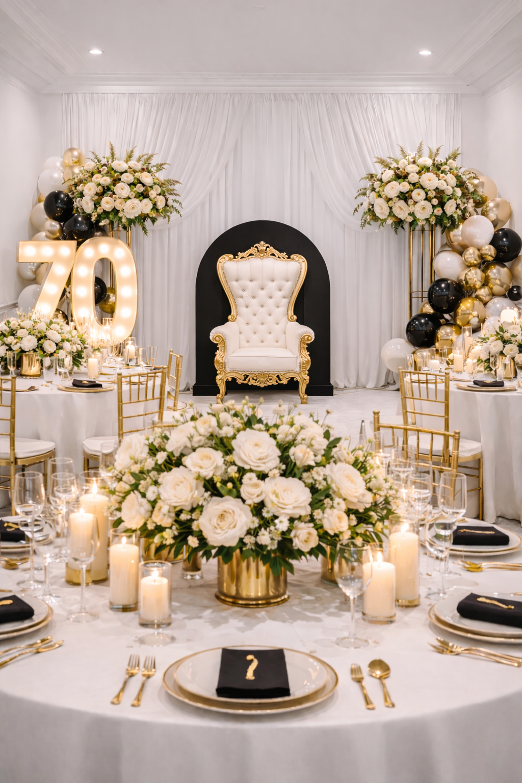 Elegant banquet setup with round tables decorated with white flowers, black and gold balloons, gold chairs, and candle centerpieces, with a throne-like chair on a black backdrop indicating a celebration of a 70th birthday.