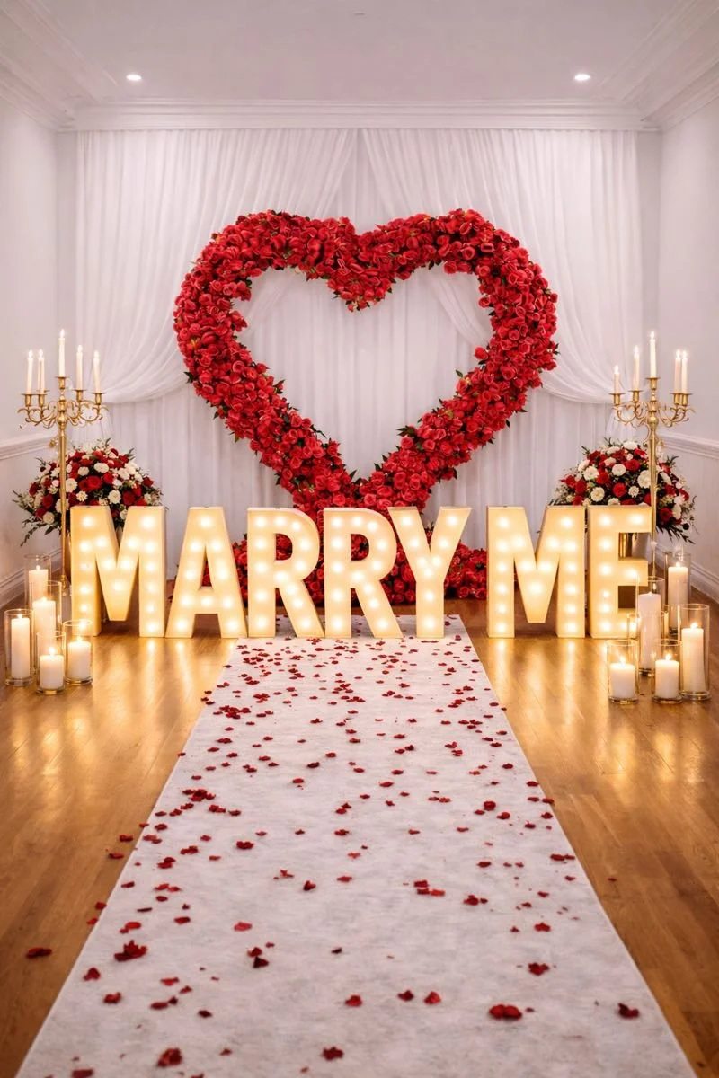 A romantic wedding setup featuring a large heart-shaped floral arrangement made of red roses, illuminated "MARRY ME" sign, white draped backdrop, candles in gold holders, and a white aisle with scattered rose petals.