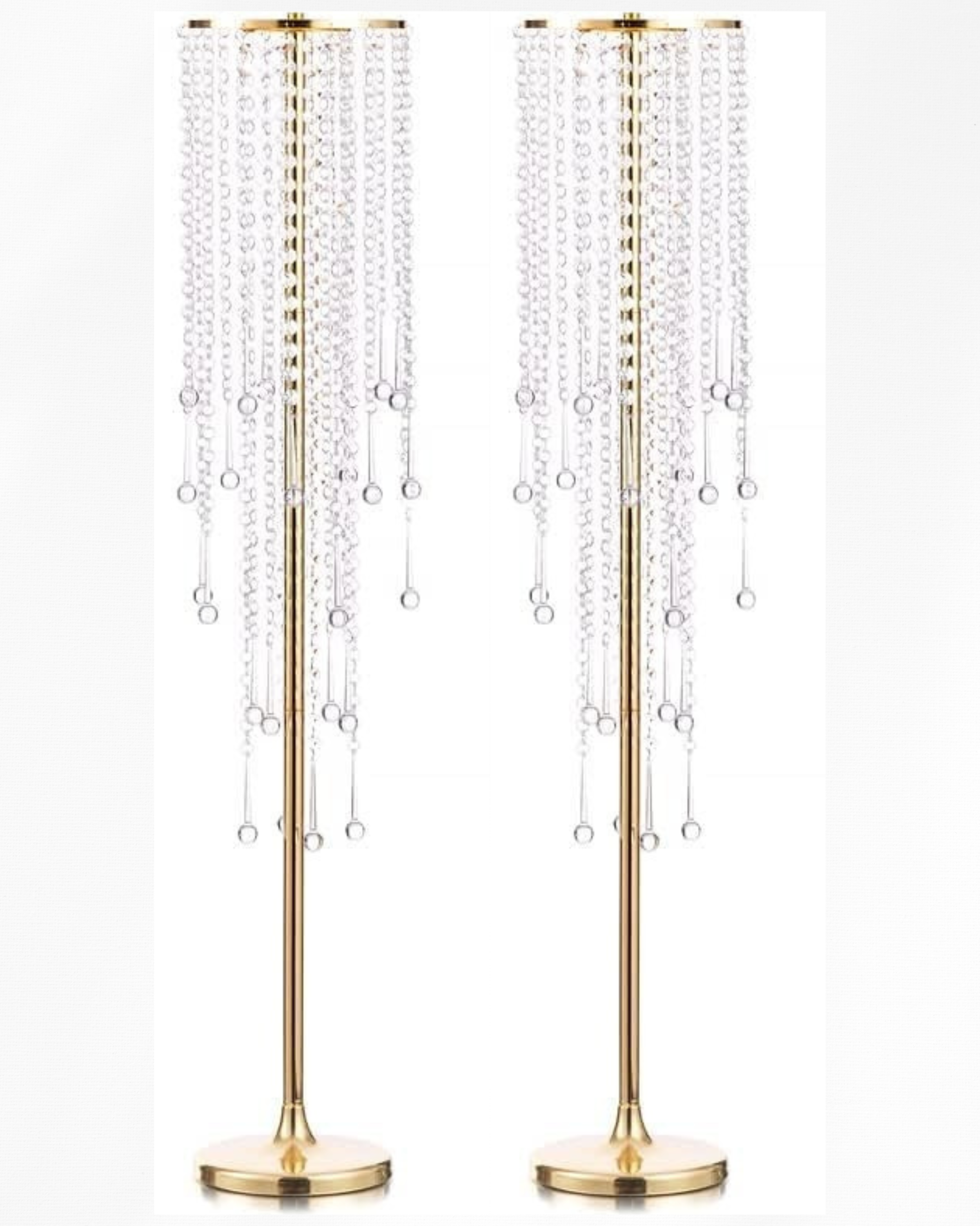 Pair of gold and crystal chandelier floor lamps with hanging crystal strands and round crystal accents