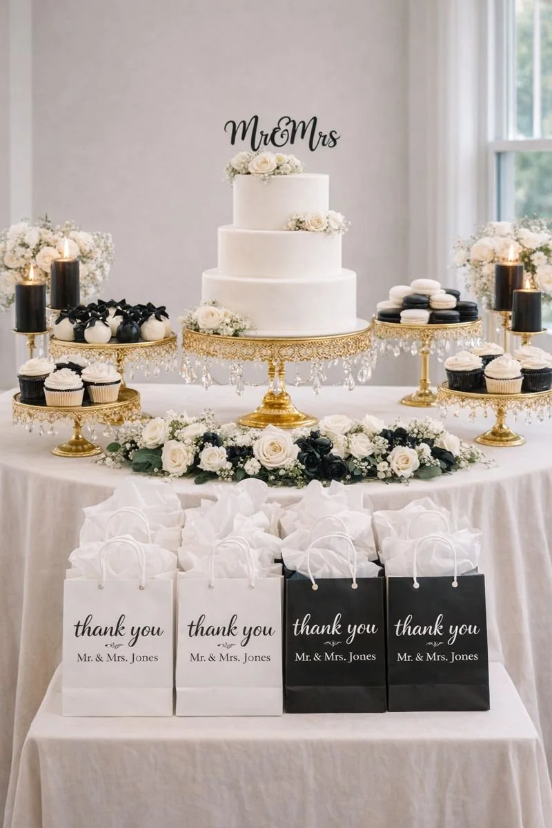 Wedding dessert table with a white, three-tier cake decorated with white roses, surrounded by black and white cupcakes, cookies, and macarons on ornate gold stands. A 'Mr & Mrs' cake topper is on the cake, and thank you gift bags with white tissue paper are in front.