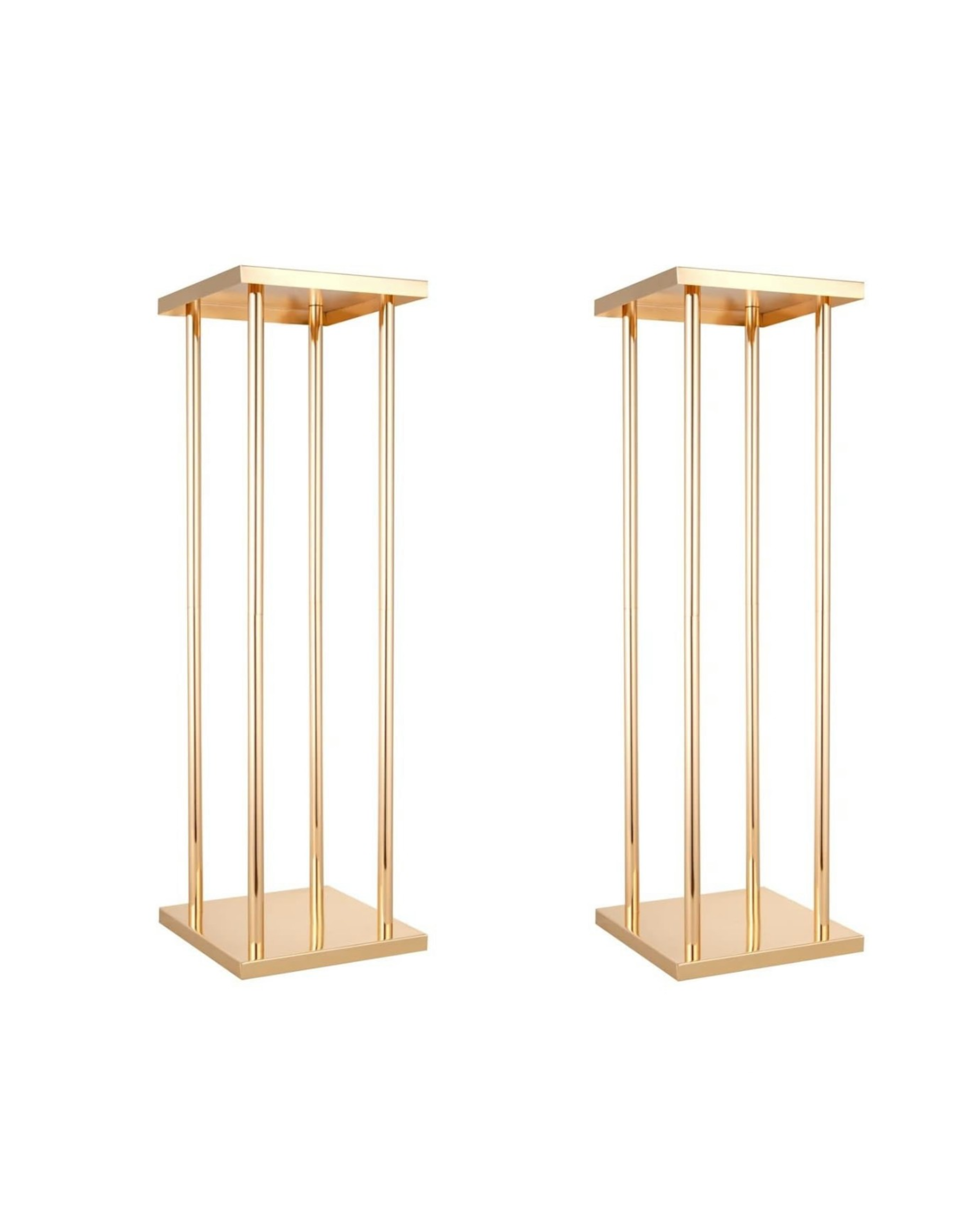 Two gold-colored display pedestals with a flat top and base, each featuring four vertical rods supporting the top.