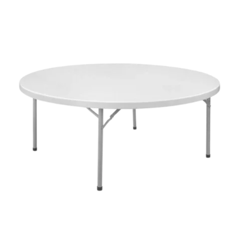 Round white table with metal legs.