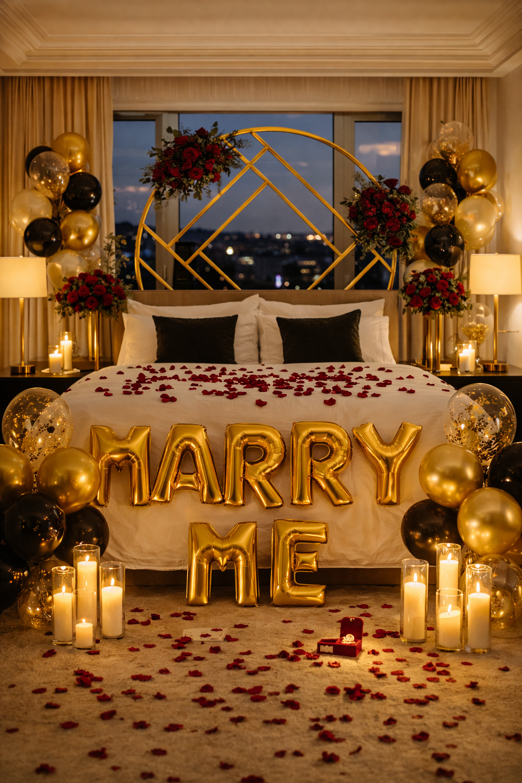 A decorated bedroom with a large bed covered in rose petals, gold and black balloons, candles, and large gold 'MARRY ME' balloons, celebrating a marriage proposal or engagement.