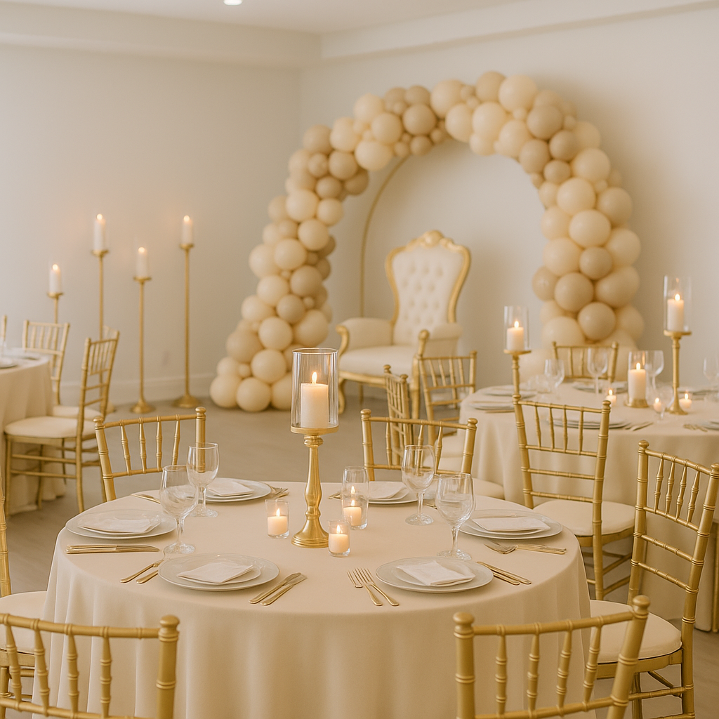 Elegant event space with round tables dressed in cream tablecloths, gold chairs, and candle centerpieces. A large cream-colored balloon arch frames a regal white and gold throne-like chair in the background, with tall gold candle holders and candles around the room.