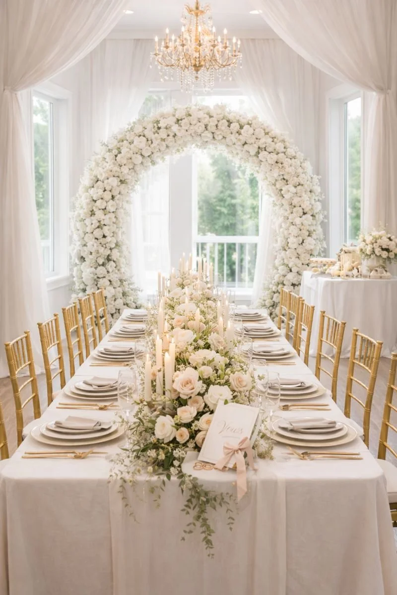 Elegant wedding reception table decorated with white flowers, candles, and glassware, set in a room with large windows, white curtains, and a floral arch in the background.