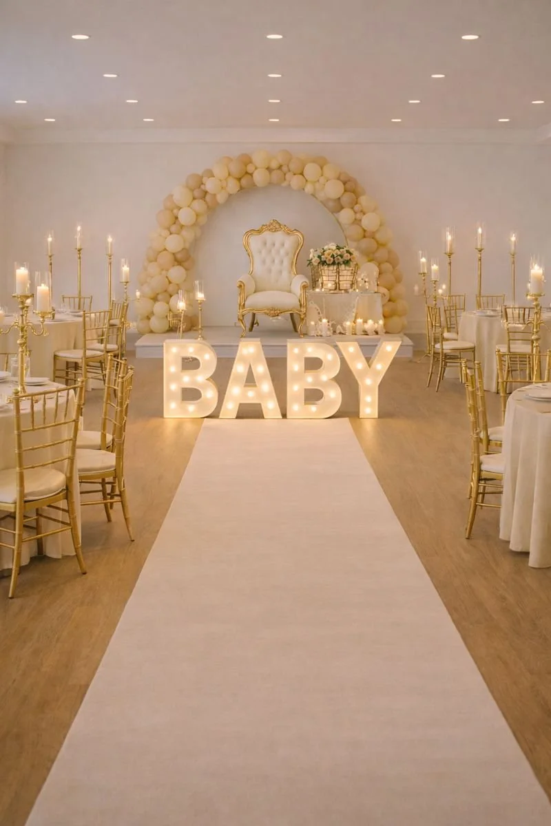 Decorated event space with a white aisle runner, gold chairs, candelabras, and a backdrop with a gold throne chair, balloons, and illuminated letters spelling 'BABY' for a baby shower.