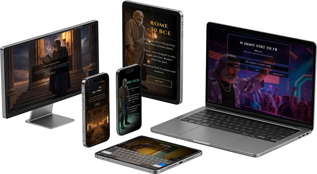 Abjad word game displayed on iPhone, MacBook laptop, and Apple TV - cross-platform puzzle experience.