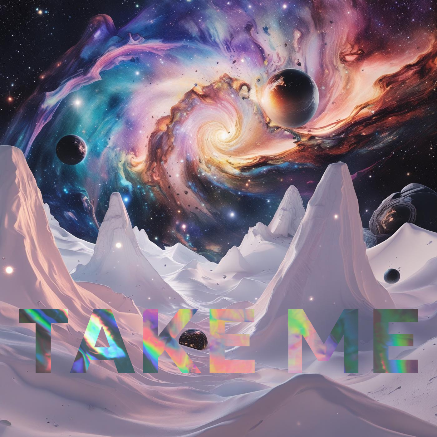 A surreal outer space landscape with snow-covered mountain peaks, a colorful swirling galaxy with planets, nebulae, and stars, and the words "TAKE ME" in holographic, rainbow-colored letters across the foreground.
