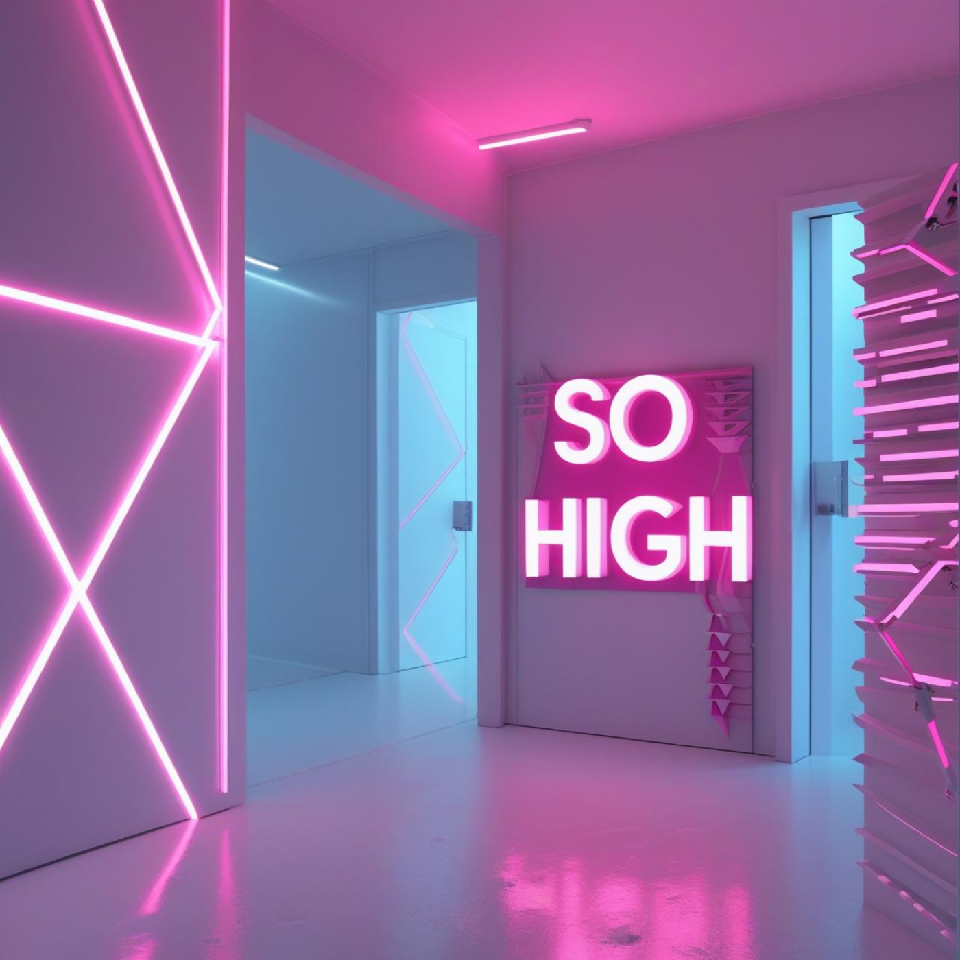 Neon-lit room with pink and blue lights, featuring a sign that says 'SO HIGH' in bright pink letters and geometric light fixtures on the walls.