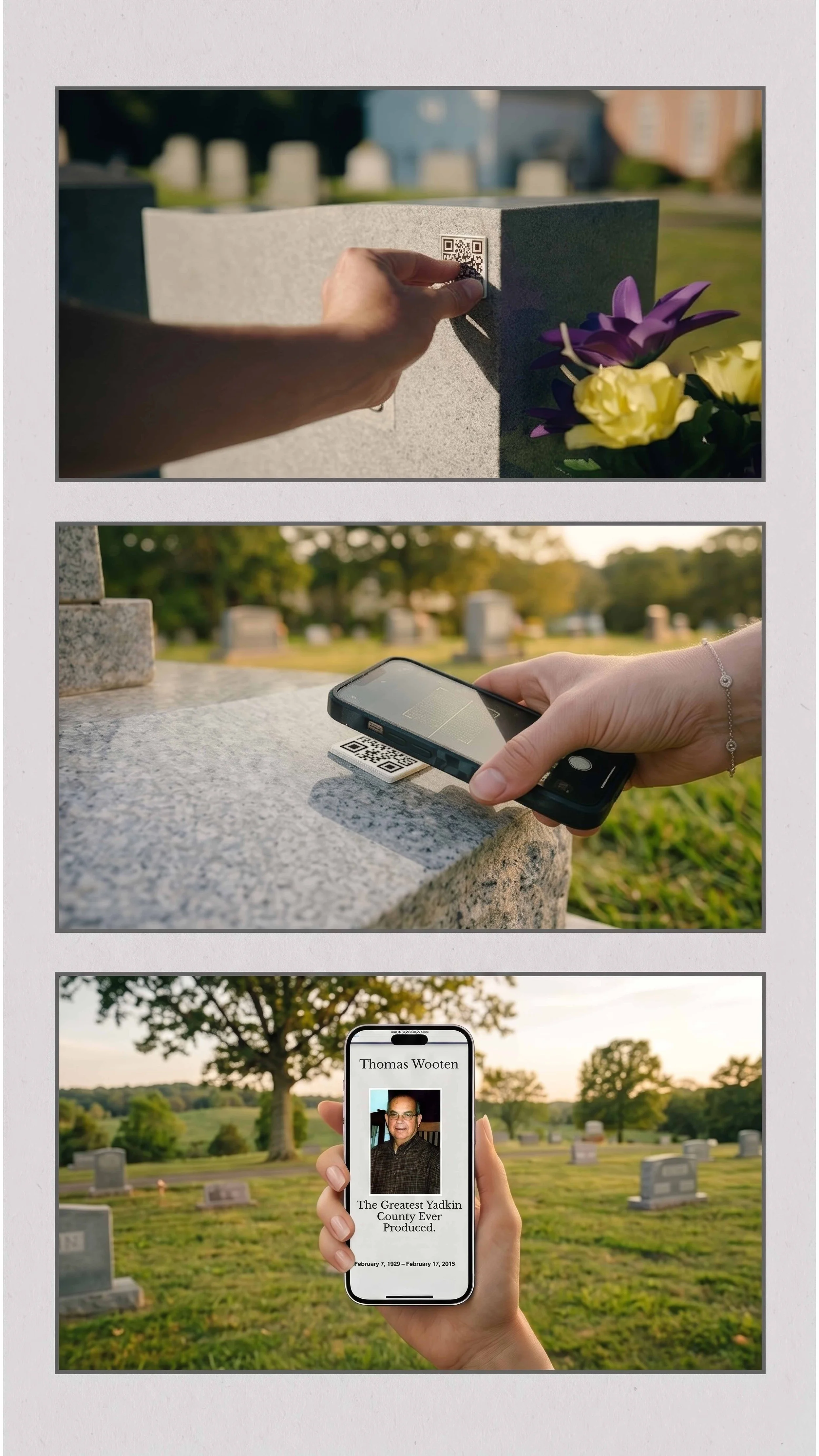 Sequence of images showing the use of QR codes at a graveyard. The first image shows a hand scanning a QR code on a grave marker with a smartphone; the second shows a hand placing a QR code sticker on a grave marker with a smartphone nearby; the third shows a person holding a smartphone displaying information about Thomas Wooten, with a graveyard in the background.