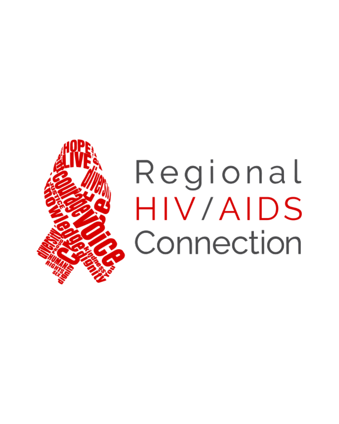 Red ribbon made of words like hope, love, and resistance, with the text 'Regional HIV/AIDS Connection' beside it.