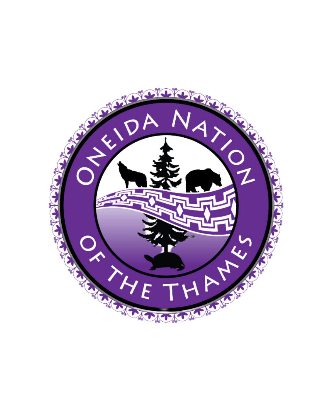 Purple circular emblem with black silhouettes of a wolf, a wolf, a mountain, a tree, a bridge, and a bear, with the text 'Oneida Nation of the Thanes' around the border.
