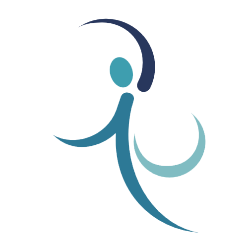 Abstract logo featuring a stylized human figure with a crescent shape at the bottom and curved lines, in shades of blue and teal.