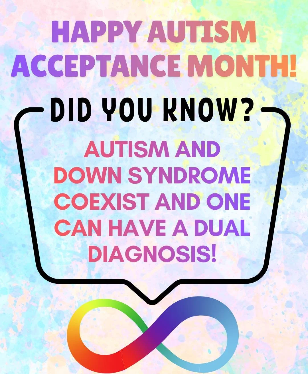 Happy Autism Acceptance Month 💙

An estimated 15&ndash;20% of individuals with Down syndrome are also autistic!

Too often, autism traits are assumed to just be part of Down syndrome.

If you&rsquo;re wanting to learn more about dual diagnosis, here