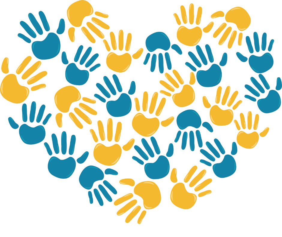 Pattern of blue and yellow handprints arranged in the shape of a heart.