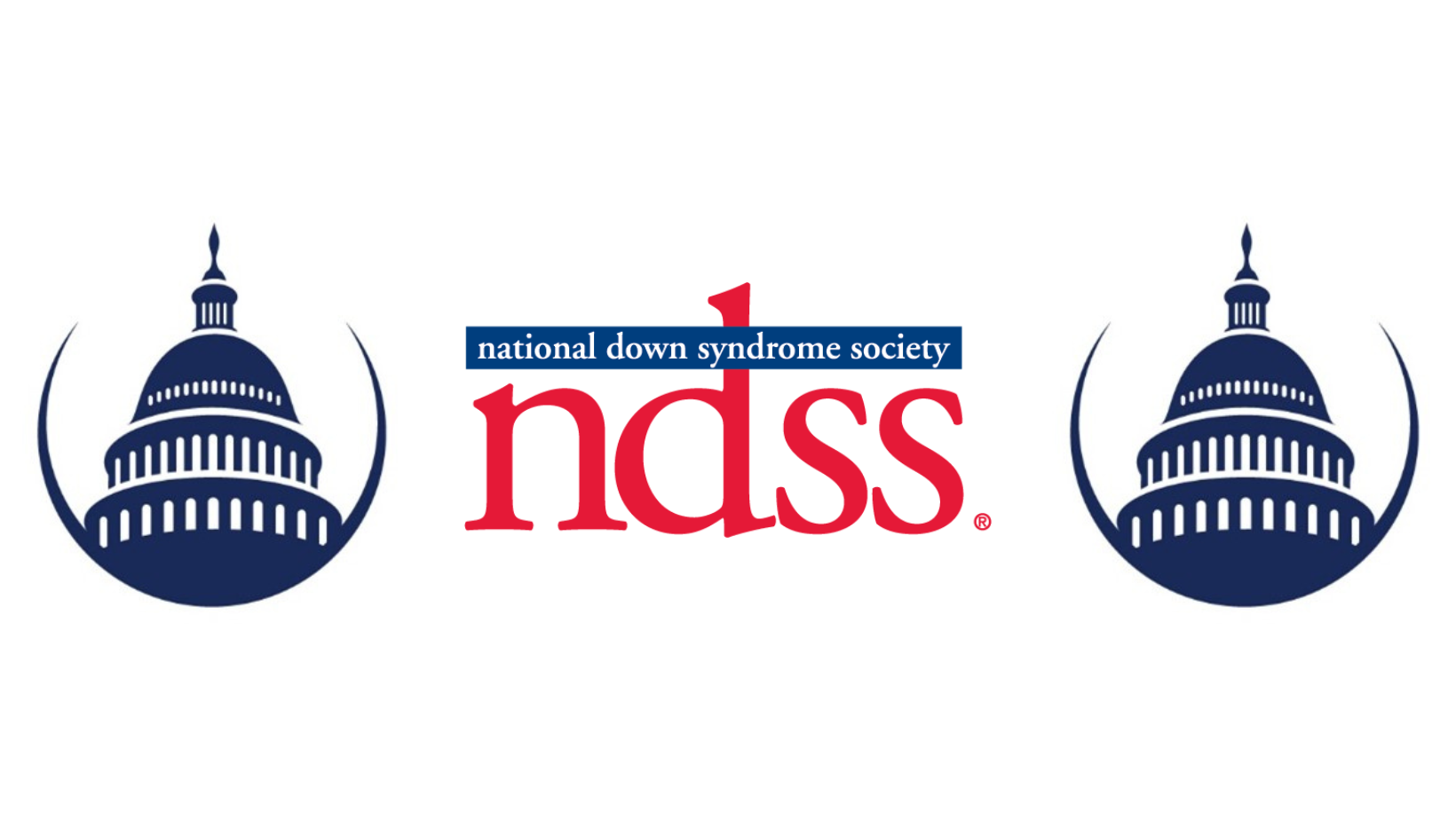 Logo of the National Down Syndrome Society featuring the Capitol building on each side and the organization's name in red and blue text.