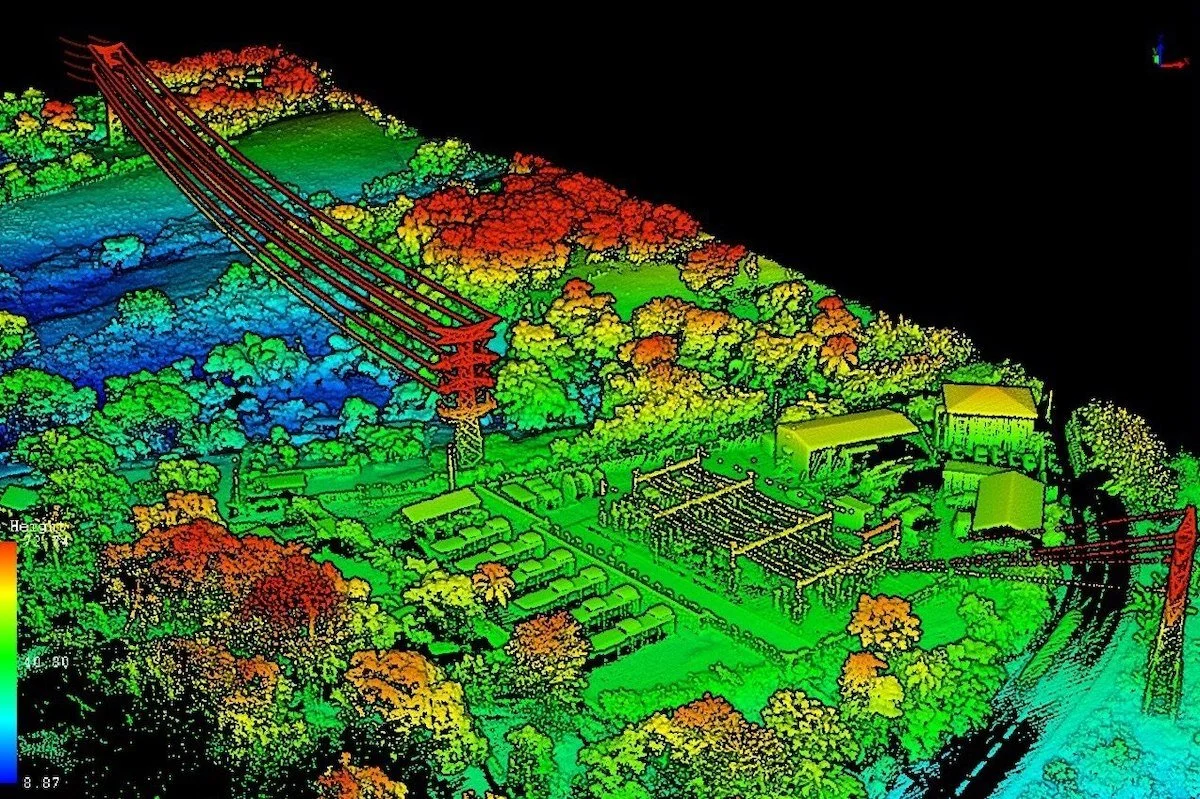 Color-coded 3D topographic map of a landscape with a bridge, trees, buildings, and roads, showing elevation differences.