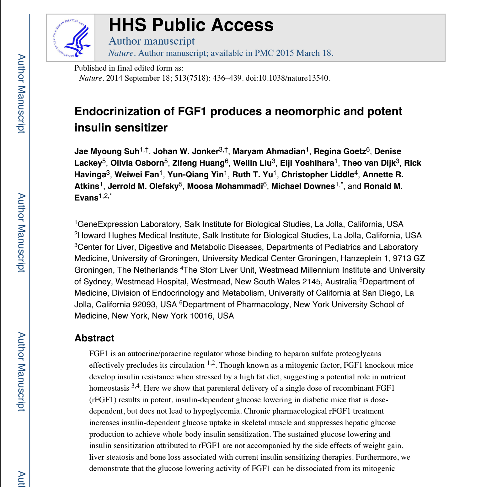 A scientific research article titled 'Endocrinization of FGF1 produces a neomorphic and potent insulin sensitizer' published in the journal Nature. Showing how FGF-1 could reverse Type-2 Diabetes, in studies that have been repeated over and over