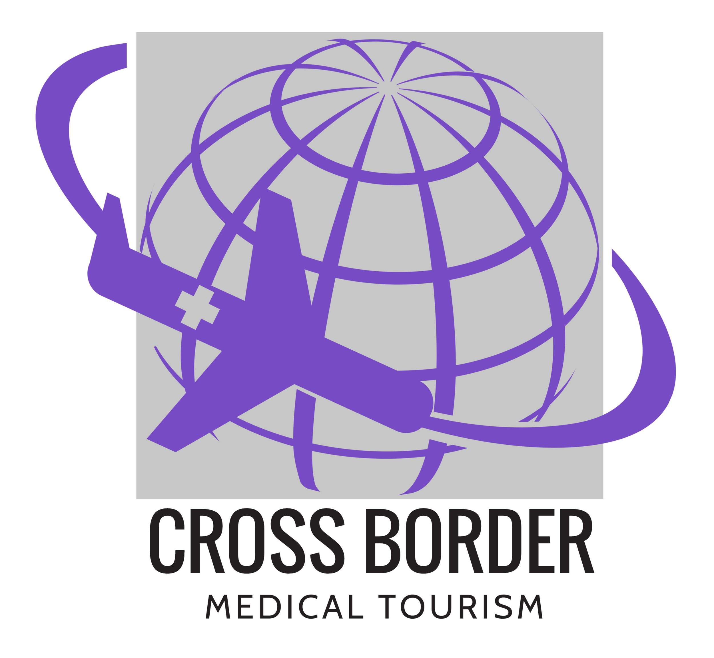 Logo for Cross Border Medical Tourism featuring a purple airplane circling a globe with latitude and longitude lines, over a gray background, with the text 'CROSS BORDER' in bold black and 'MEDICAL TOURISM' beneath.