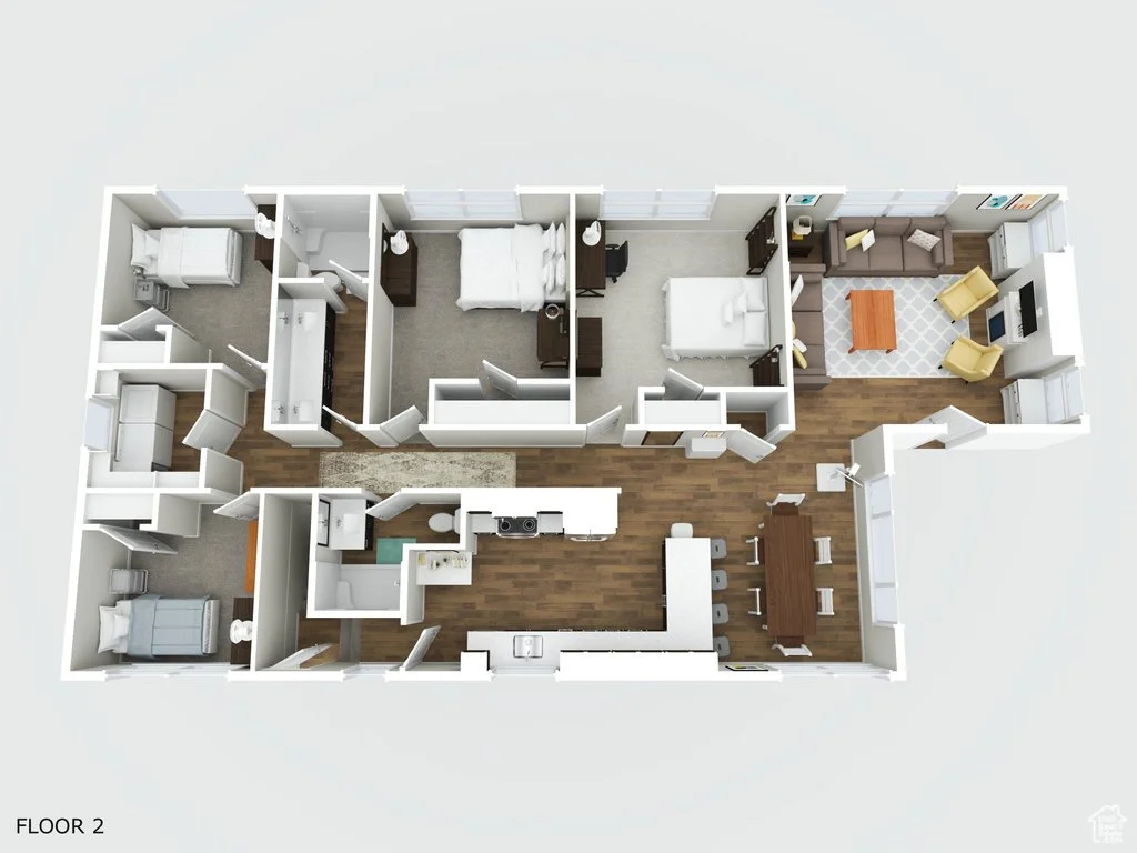 A 3D floor plan of a house showing multiple rooms including bedrooms, bathrooms, a living room, and a kitchen with dining area.