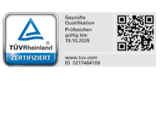 Zertifizierungs-Label von TÜV Rheinland mit QR-Code