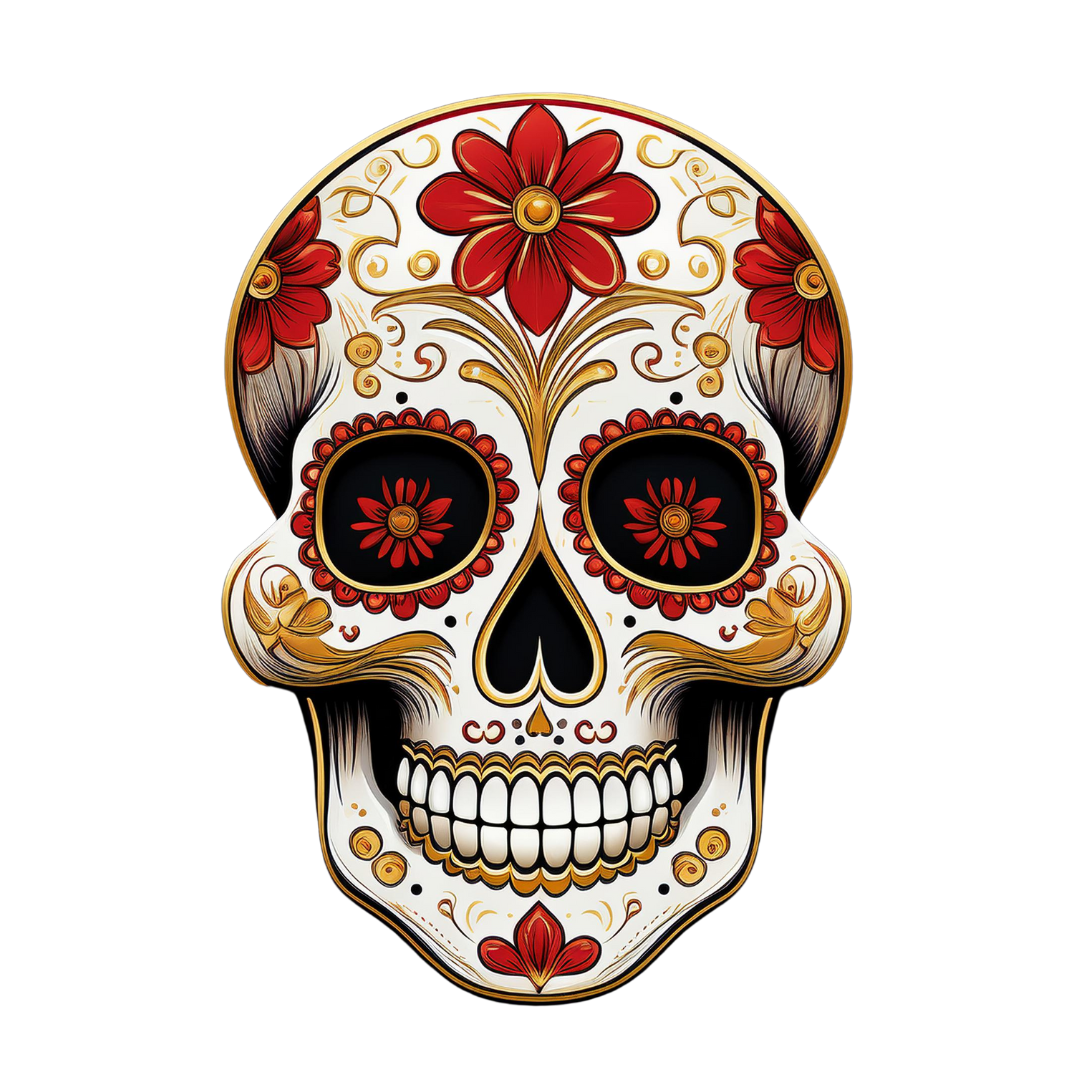 Colorful sugar skull with floral and ornamental designs in red, gold, and black on a black background.