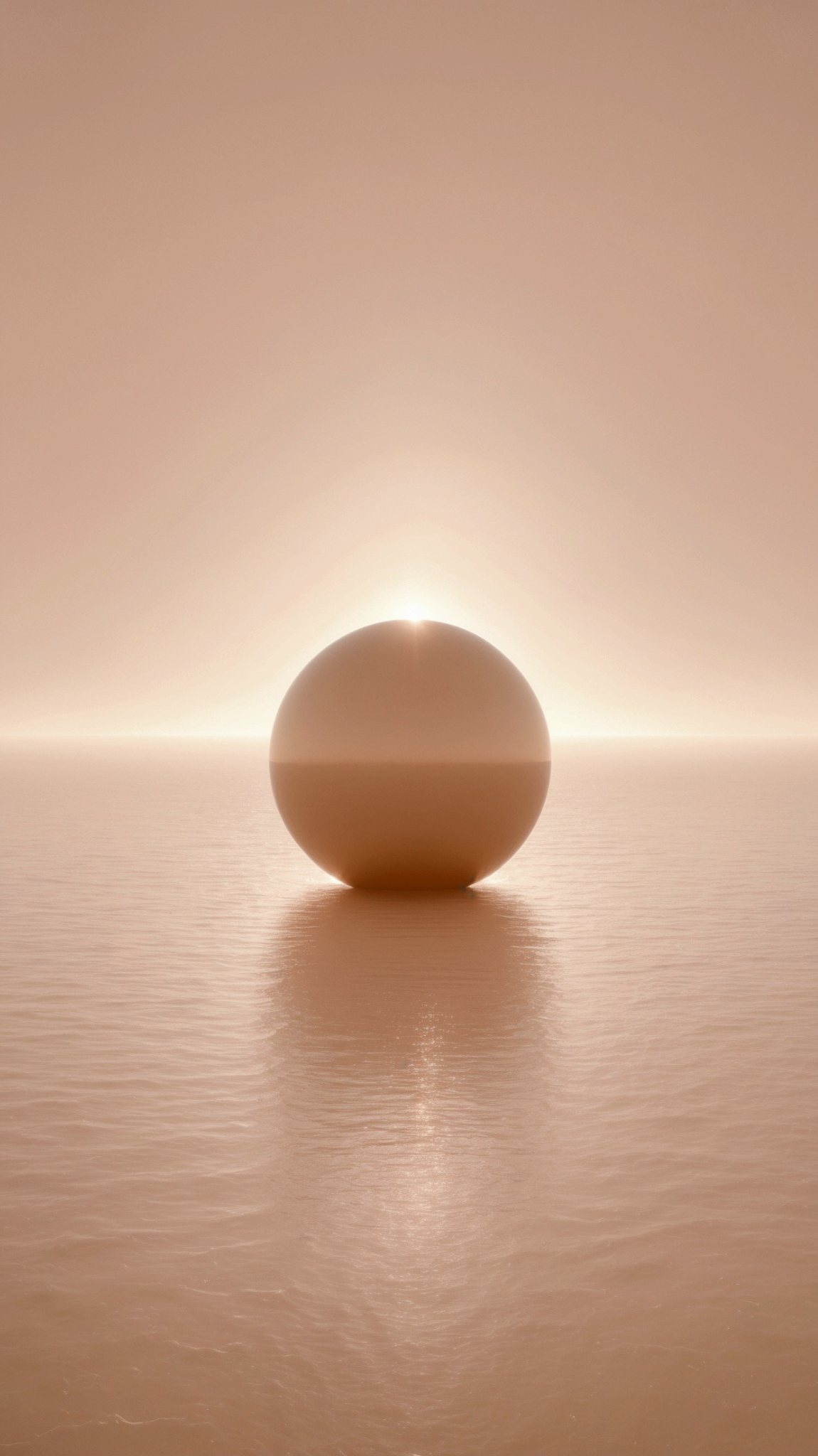 Ein dunkler Globus, der auf ruhigem Wasser liegt, mit einem hellen Sonnenaufgang oder -untergang am Horizont im Hintergrund.