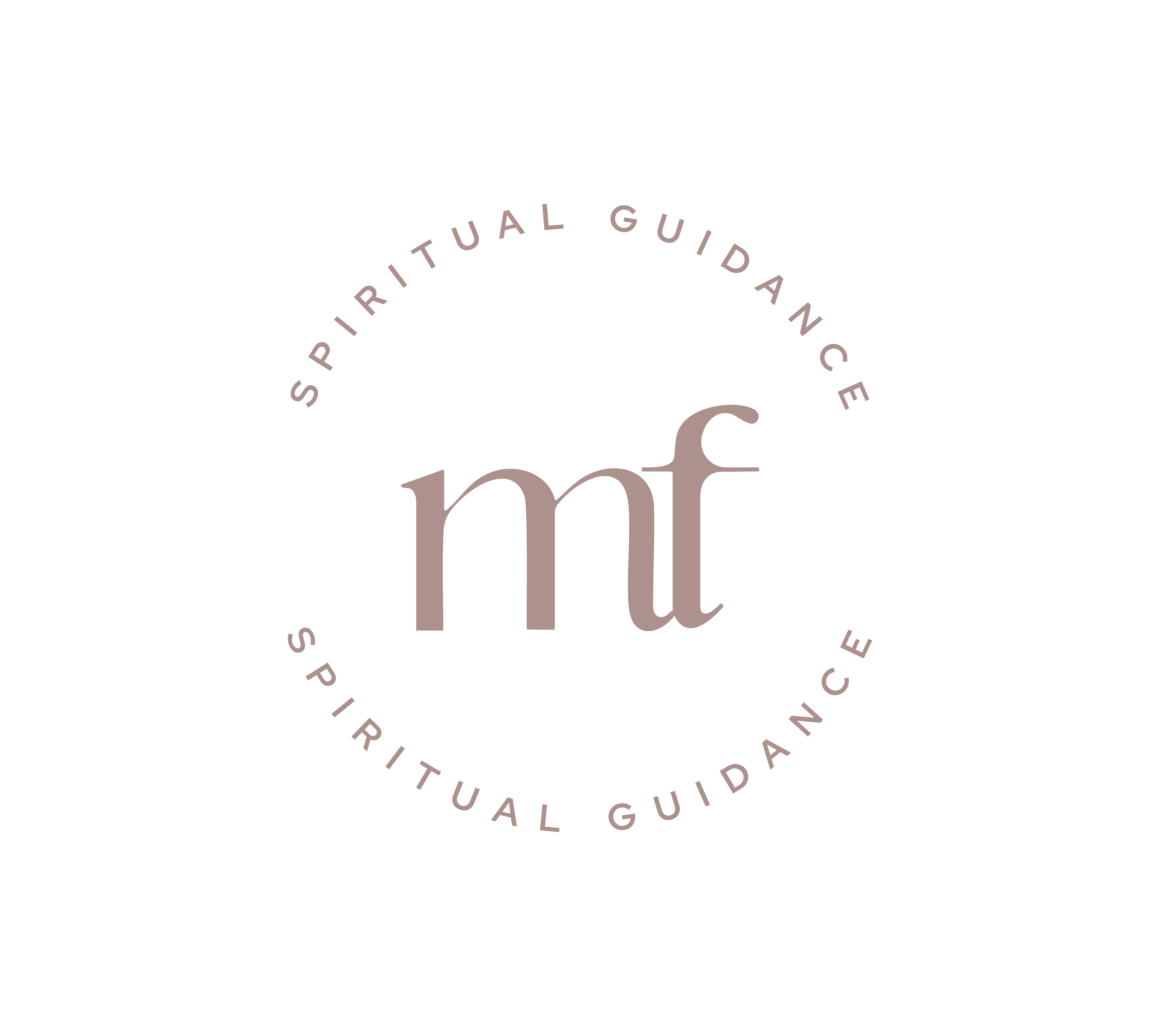 Ein Logo mit den Buchstaben 'mf' in der Mitte, umgeben von einem Kreis, in dem die Worte 'Spiritual Guidance' mehrmals geschrieben sind.