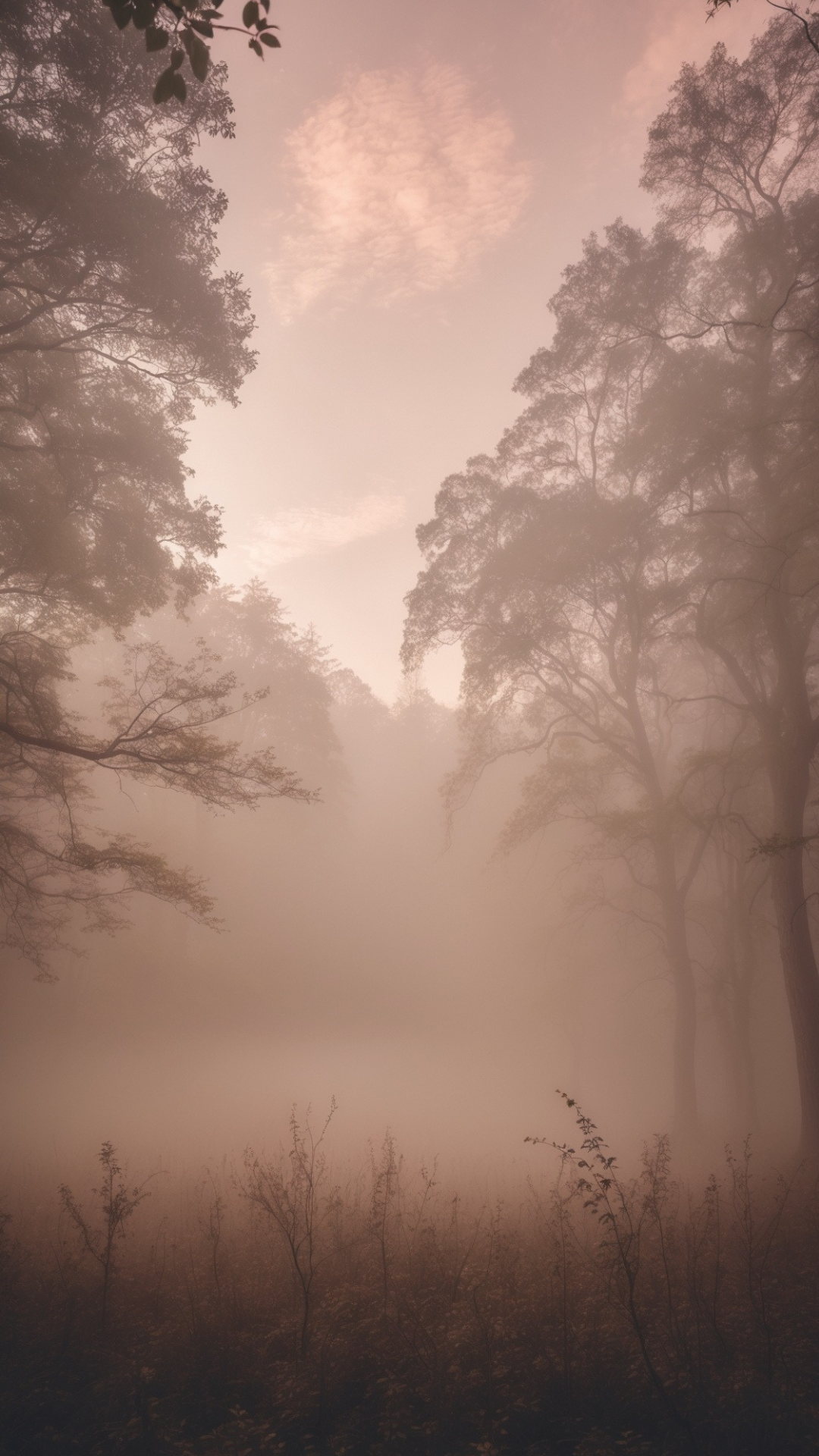 Nebliger Wald bei Sonnenaufgang mit Bäumen im Morgendämmerlicht.