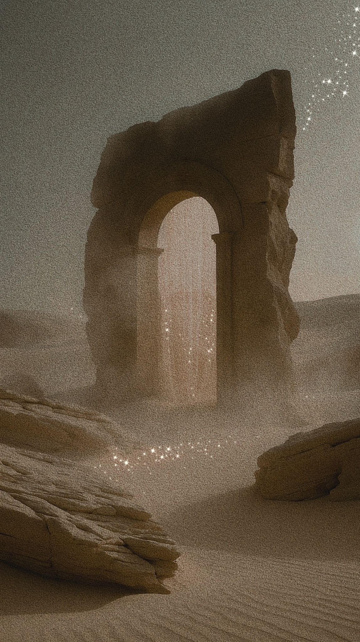 Verwitterte Steinruine in einer Wüste mit einer leuchtenden, magischen Spur von Lichtern, durch die eine schlichte Tür in der Steinruine sichtbar ist.