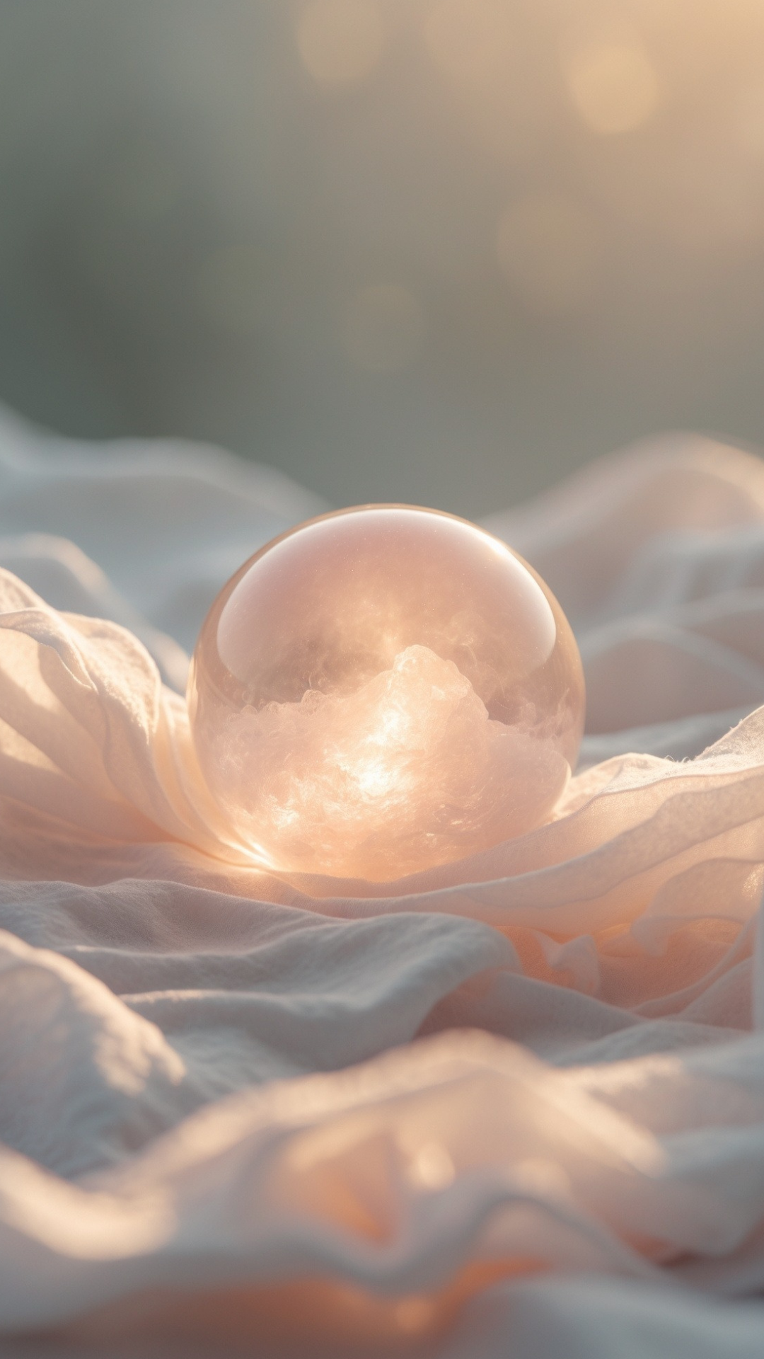Eine zerbrechliche, durchsichtige Glaskugel liegt auf weichem, kremfarbenem Stoff, mit einem sanften, warmen Licht, das die Kugel und den Stoff beleuchtet.