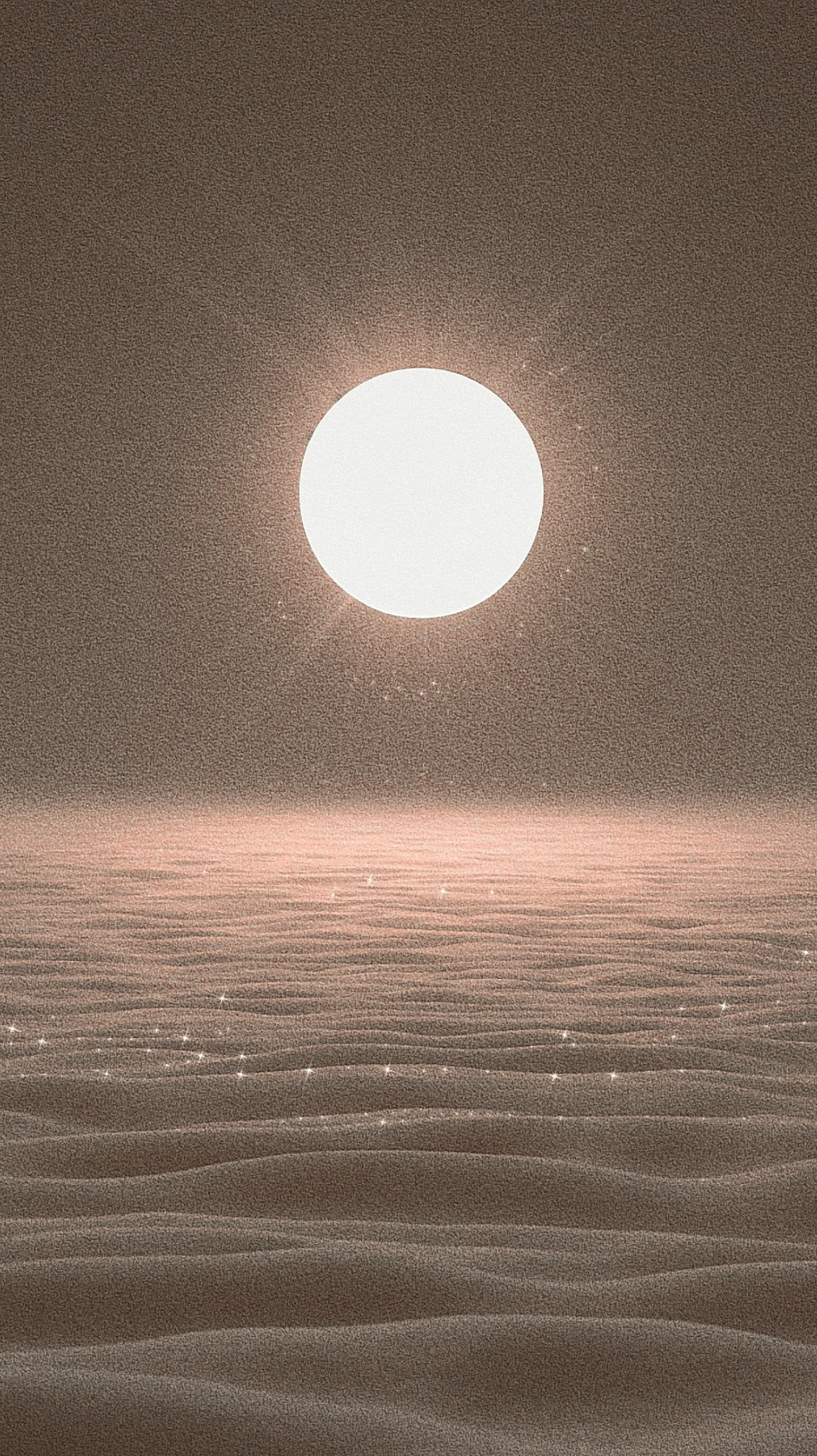 Ein digitaler Kunststil eines Sonnenuntergangs über eine Wüste mit Sanddünen, in einem sepia-ähnlichen Farbton.