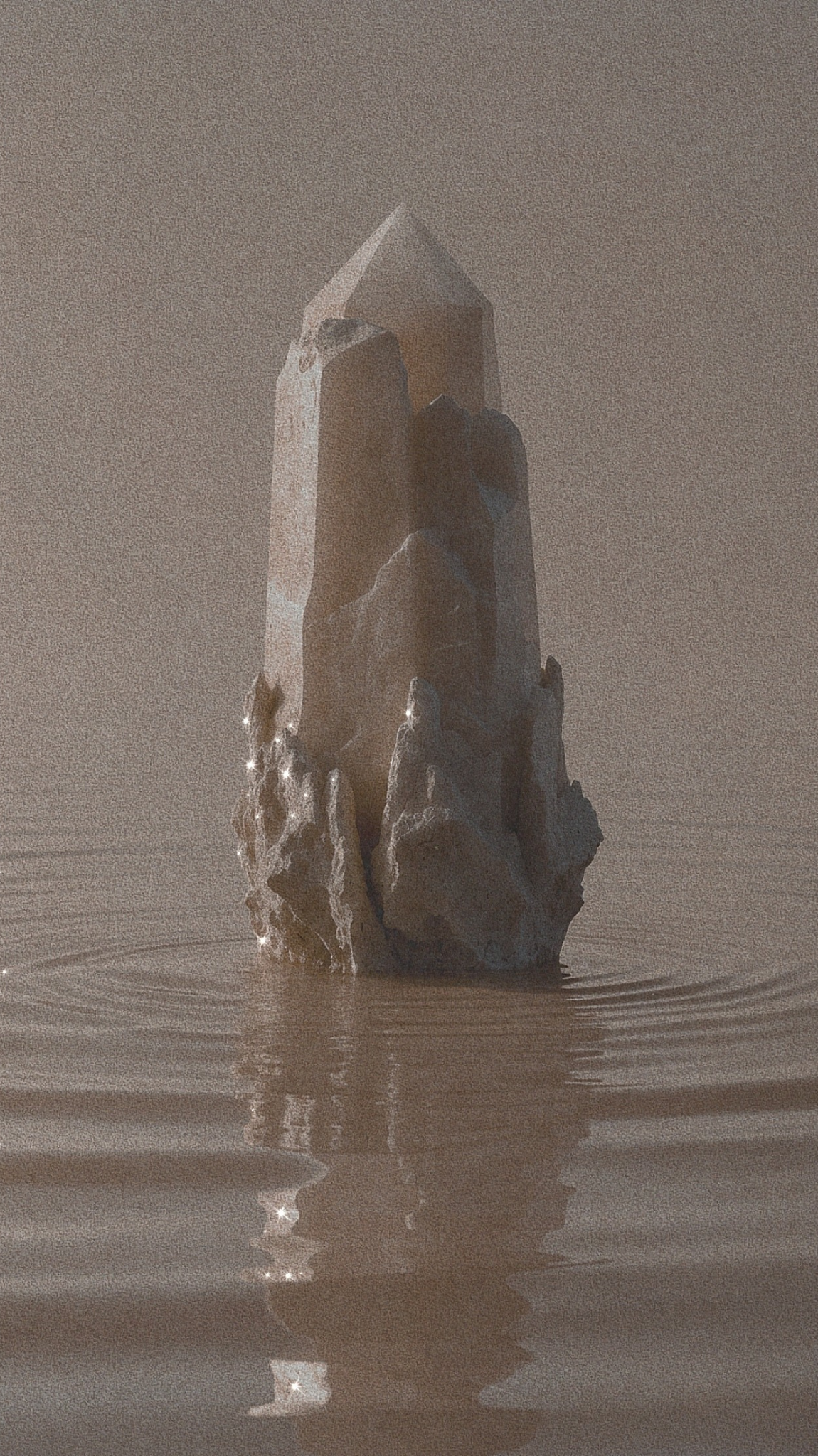 Ein einzelner, große Felsen im Wasser, mit einem Gebäude auf der Spitze, bei Sonnenuntergang, ruhige Wasseroberfläche, ruhige Atmosphäre
