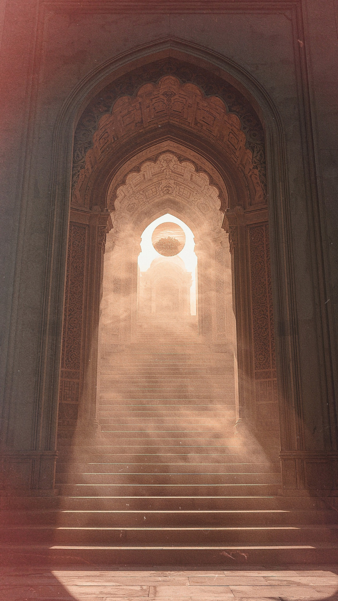 A grand staircase leading up to ornate archways and domed architecture, illuminated by sunlight streaming through the openings.