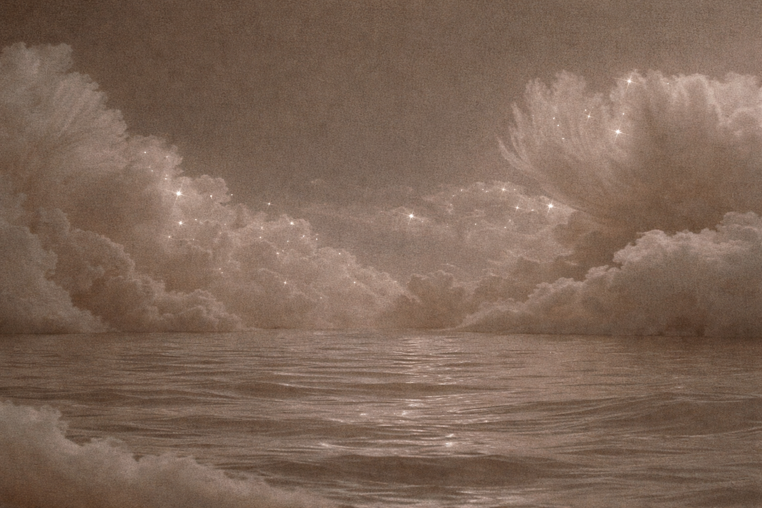 Ein ruhiges Meer bei Sonnenuntergang mit einem dramatischen Himmel, Wolken und leuchtenden Sternen, alles in sepiafarbenem Ton.