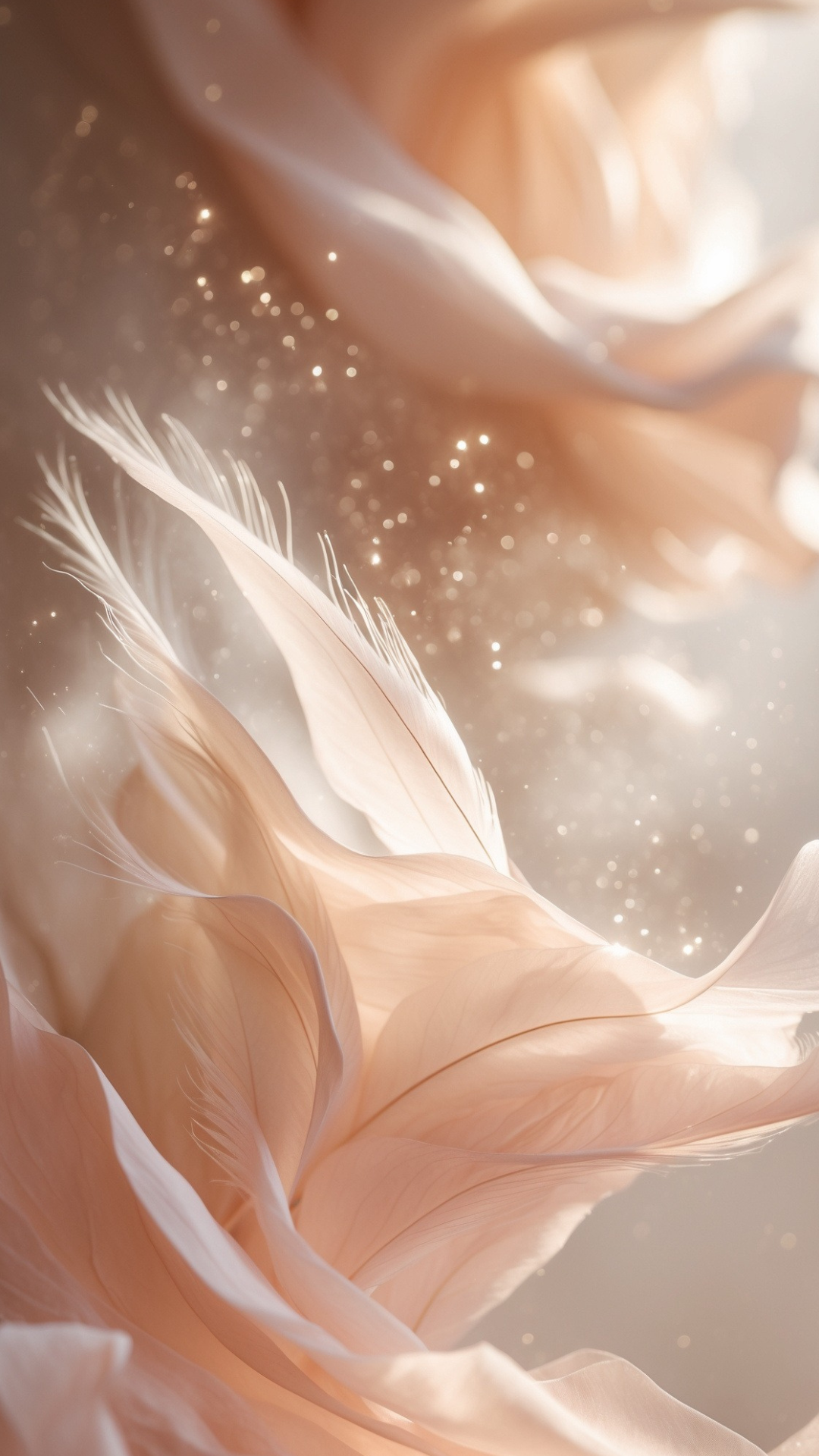 Sanfte, peachfarbene Federn mit Licht- und Glanzeffekten.