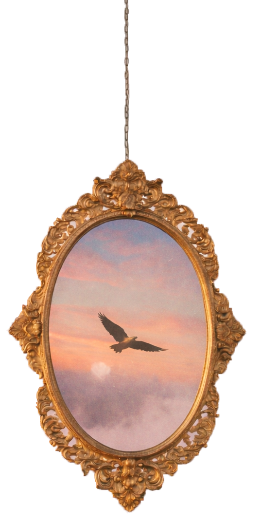 Ein ovales, gold verziertes Rahmenbild zeigt einen Vogel im Flug vor einem Sonnenaufgang oder -untergang am Himmel mit Wolken.