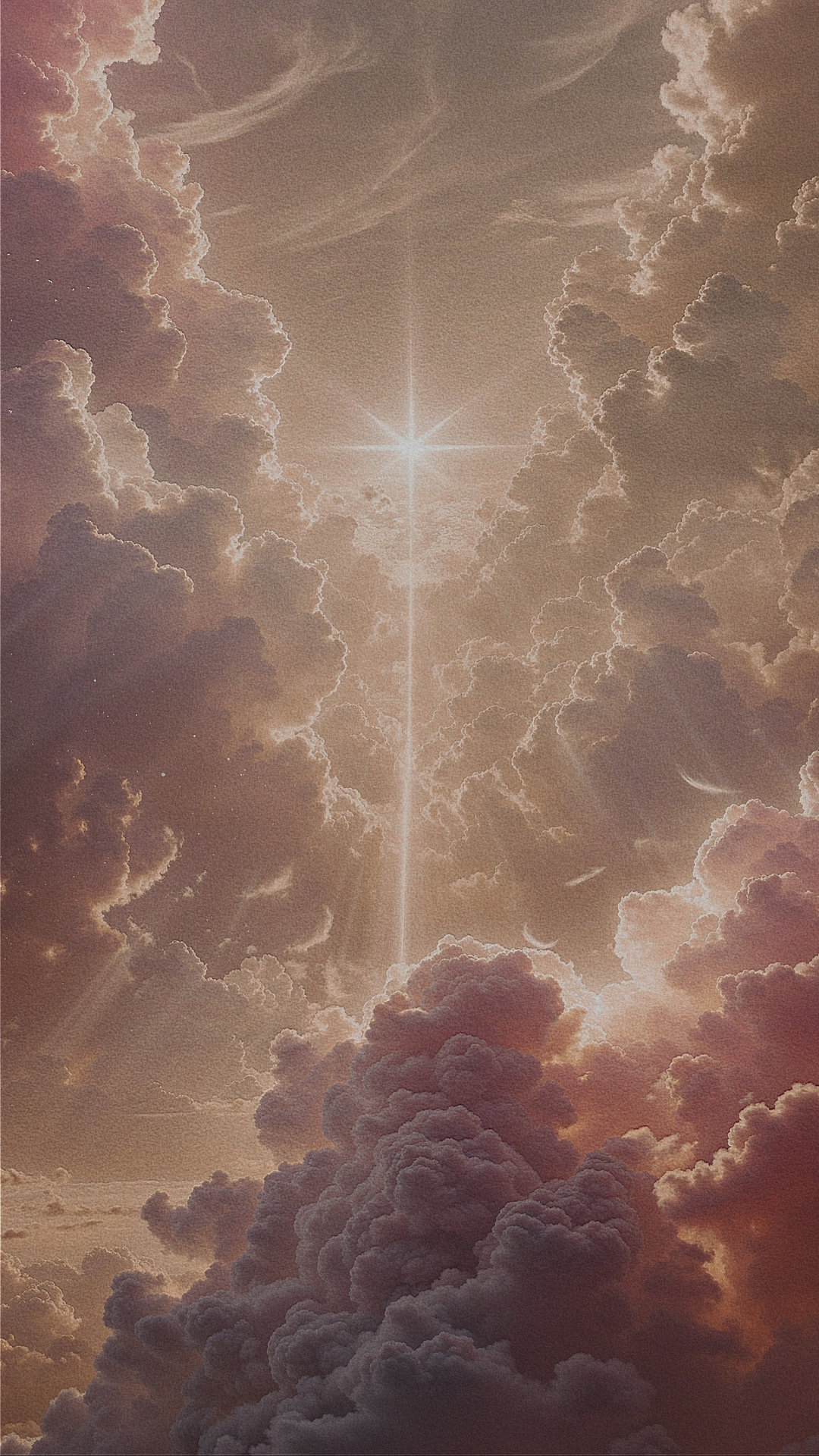 Himmlischer Himmel mit großen, leuchtenden Wolken, strahlendem Stern in der Mitte und Sonnenschein, der durch die Wolken scheint.