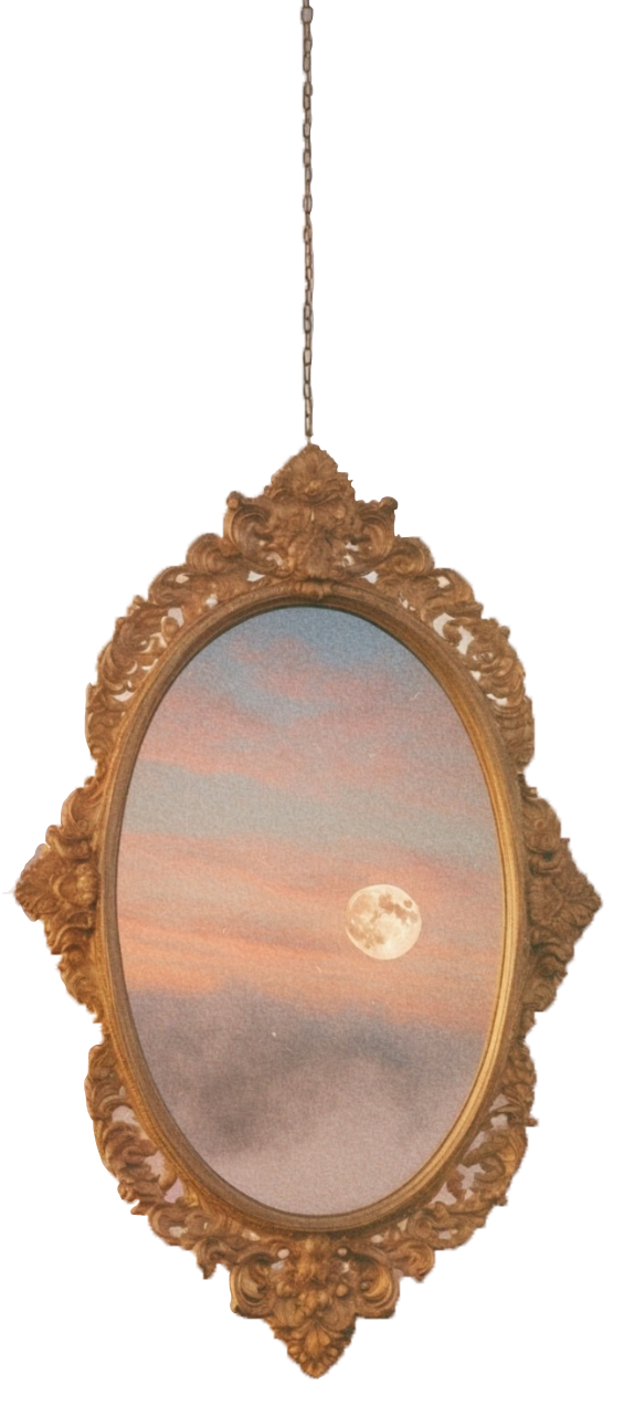 Ein ovaler, barocker Holzrahmen mit einem Bild eines Himmels bei Sonnenuntergang, auf dem der Mond sichtbar ist.