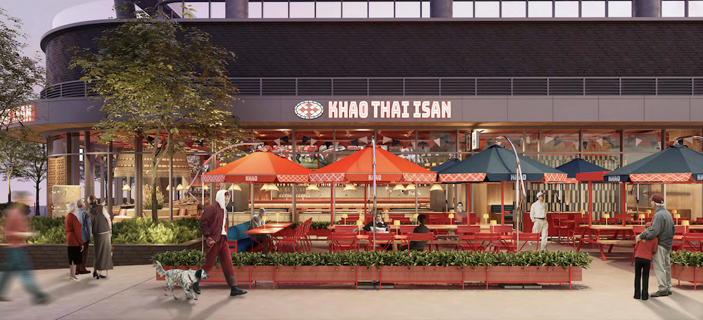 Rendering of Khao Thai Isan restaurant at Centennial Yards in downtown Atlanta featuring colorful patio umbrellas, outdoor seating, and vibrant Thai-inspired design