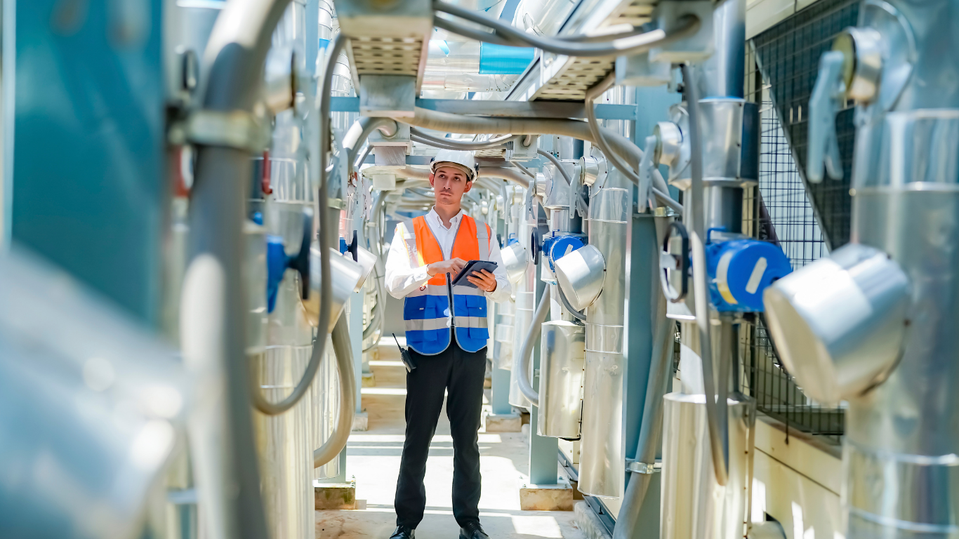 A man in a hard hat, safety vest, and formal attire holds a tablet and stands among industrial equipment, possibly at an industrial facility or plant.