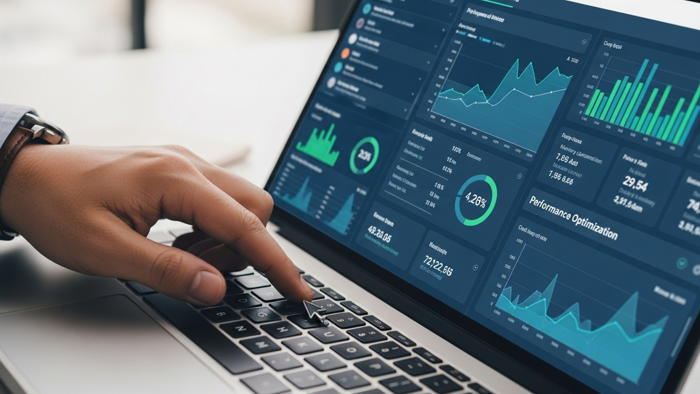 Person using a laptop with data analytics dashboards displayed on the screen, showing various graphs and charts related to performance metrics.
