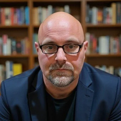 Close-up of a bald man with glasses, wearing a dark blazer, in front of a bookshelf filled with colorful books.