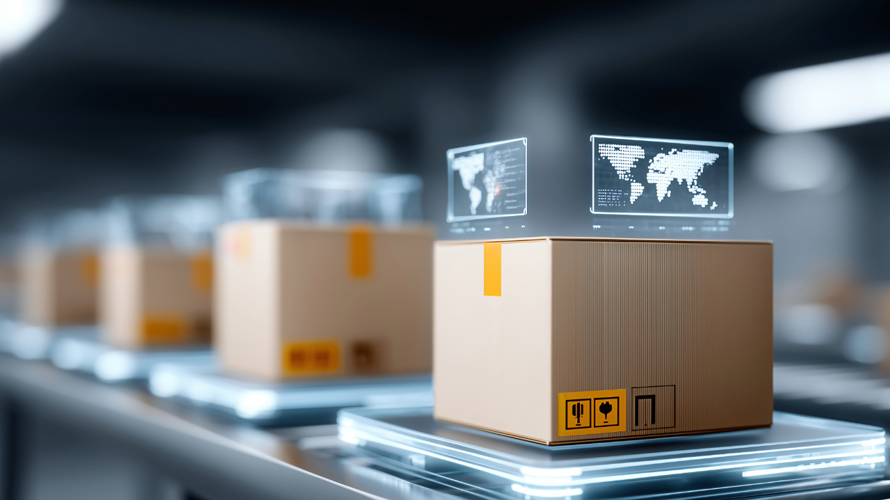 A row of cardboard boxes on a conveyor belt with holographic digital screens displaying world maps above each box.