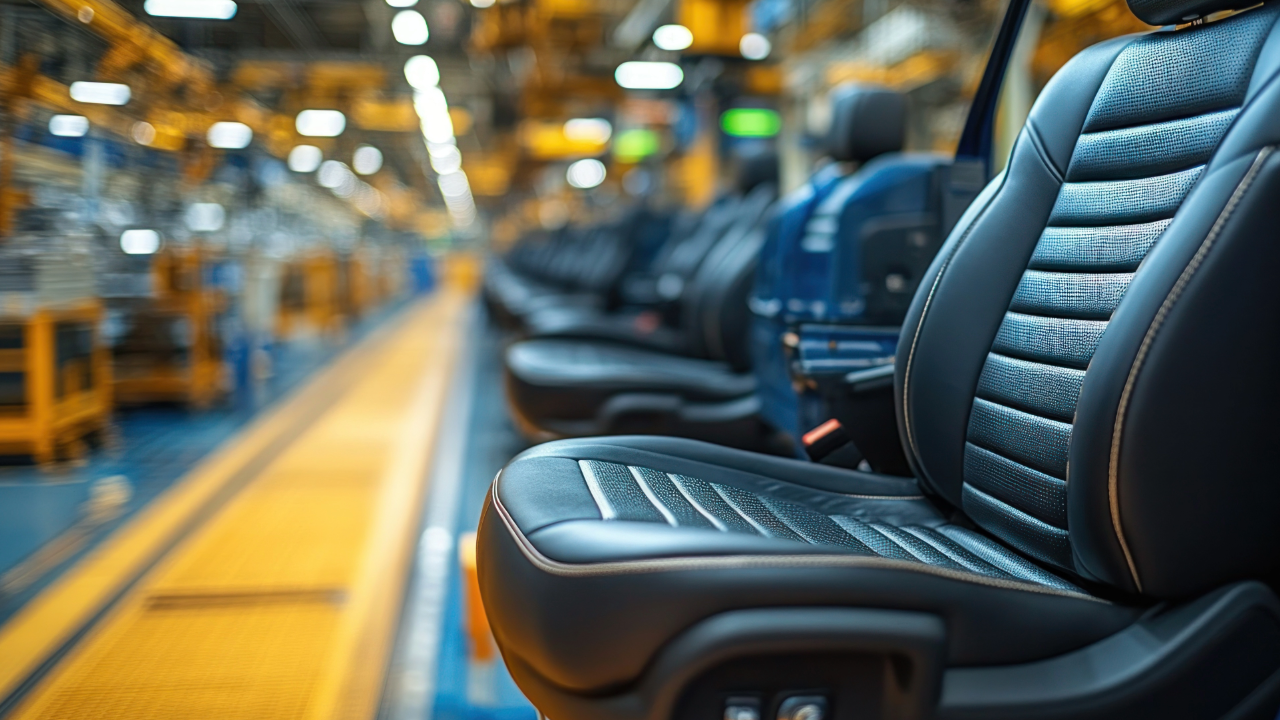 A row of black automotive seats inside an industrial factory or assembly plant, with a blurred background of equipment and lighting.