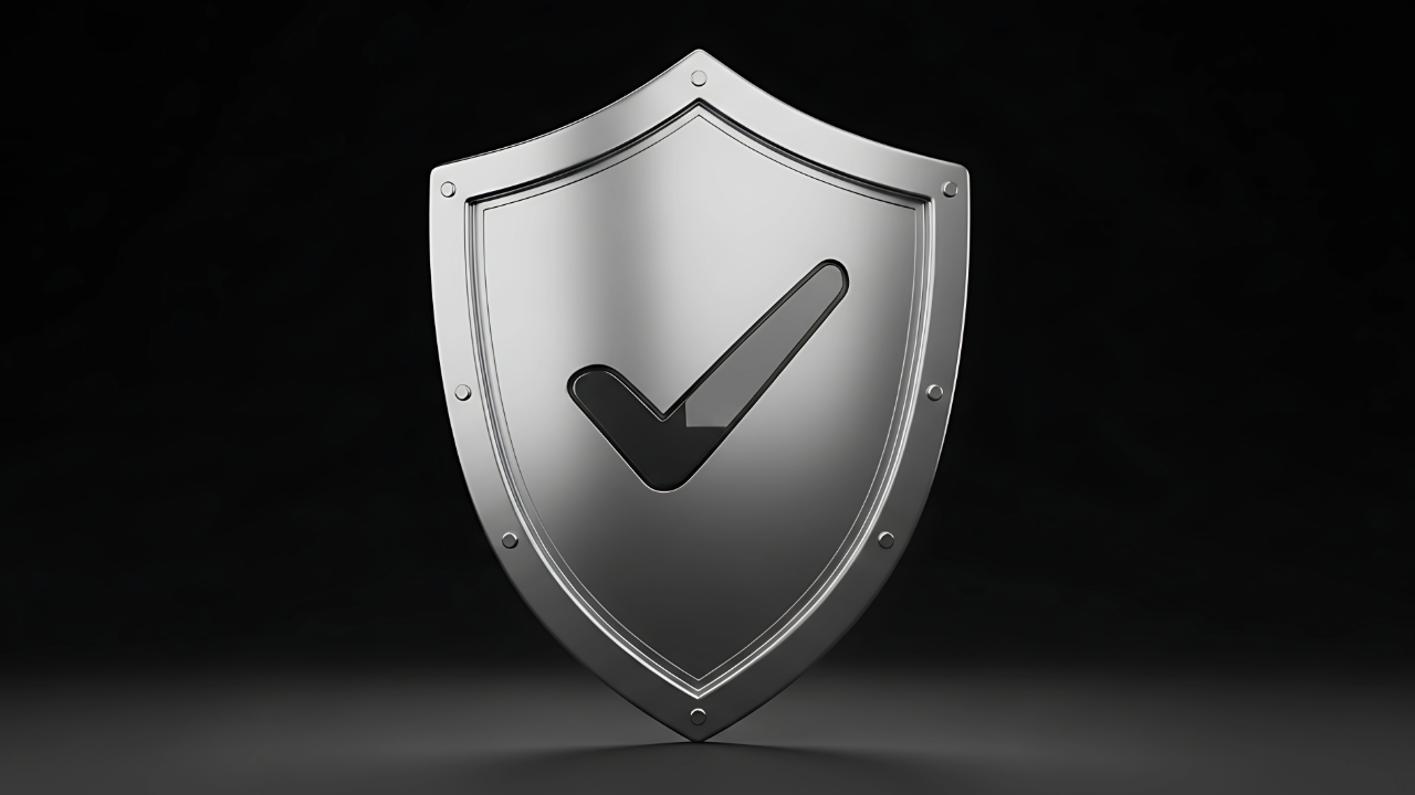 Silver shield with a black checkmark in the center, symbolizing protection or security.