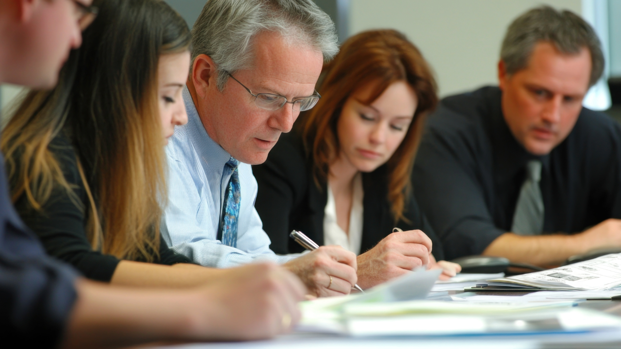 A group of five people sitting at a conference table, engaged in a meeting, reviewing documents and taking notes.